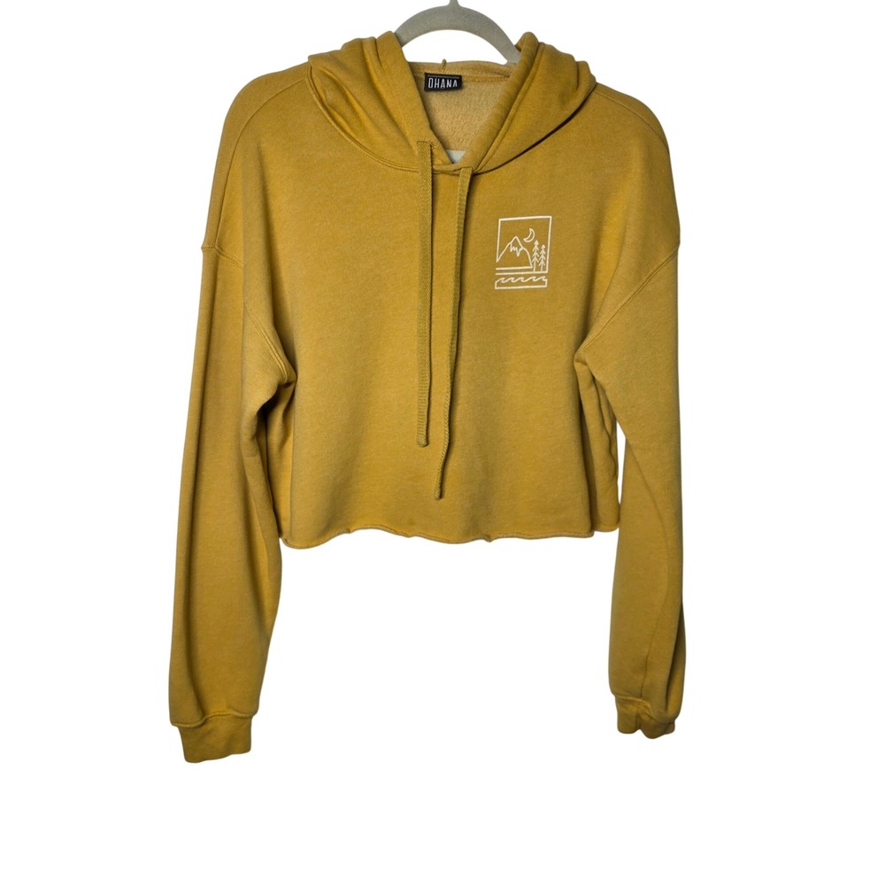 Ohana Mountain Graphic Cropped Hoodie Medium Mustard Yellow Colorado Hand-Print